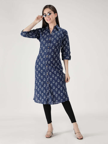 Fabclub Cotton Floral Printed Straight Women Kurti (Navy Blue)